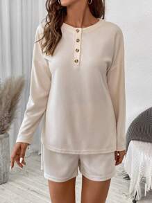 SHEIN LUNE 25+ strukturierter Sweatshirt und Shorts Set, lässiger Sportoutfit für den Herbst - Aprikosenfarben - Übersicht 5