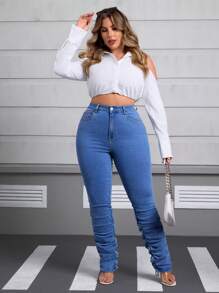 SHEIN Essnce Fashionable Plus Size Slimming Elegant Charming Denim Jeans - Medium Wash - View 5