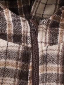 婴幼儿休闲棕色格子羊毛复合抓绒连帽拉链夹克外套，适合秋冬季宝宝，温暖又时尚 - 棕色 - 查看 3