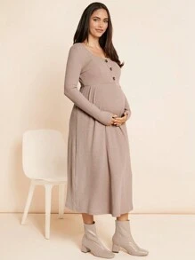 SHEIN Váy bầu dài vừa phải cài nút kaki, váy bầu dài - Lạc đà - Xem 4