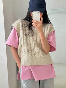 DAZY Vestă de pulover de primăvară și toamnă, ocazional, de culoare uni, tricot cablu - Caisă - Vizualizare 8