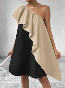 Chiquease Robe asymétrique à volants sur les épaules ample et droite, contraste, pour femmes, vacances