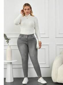 RueChic 大尺碼高腰水洗緊身牛仔褲 - 淺灰色 - 查看 5