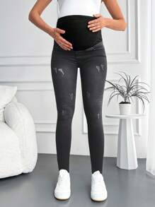 RueChic Maternity Wideband Waist Ripped Frayed Skinny Jeans - Grey - View 3
