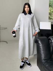 Dazy Petite Plus Plus Size Grey Polo Collar Solid Color Long Dress Shirt Dress,Fall Clothes Long Sleeve Dress - Grey - View 5