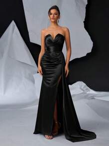 Glamrae 优雅奢华的 V 领褶饰侧垂褶面板，高开叉鱼尾裙，带拖尾，晚礼服，半正式舞会礼服，适合生日、婚礼宾客、毕业返校派对礼服 - 黑色 - 查看 4