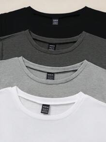 SHEIN LUNE 4 piezas Camisetas de verano de manga corta y cuello redondo de unicolor casual para mujer - Multicolor - Ver 5