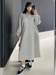 Dazy Petite Plus Plus Size Grey Polo Collar Solid Color Long Dress Shirt Dress,Fall Clothes Long Sleeve Dress - Grey - View 8