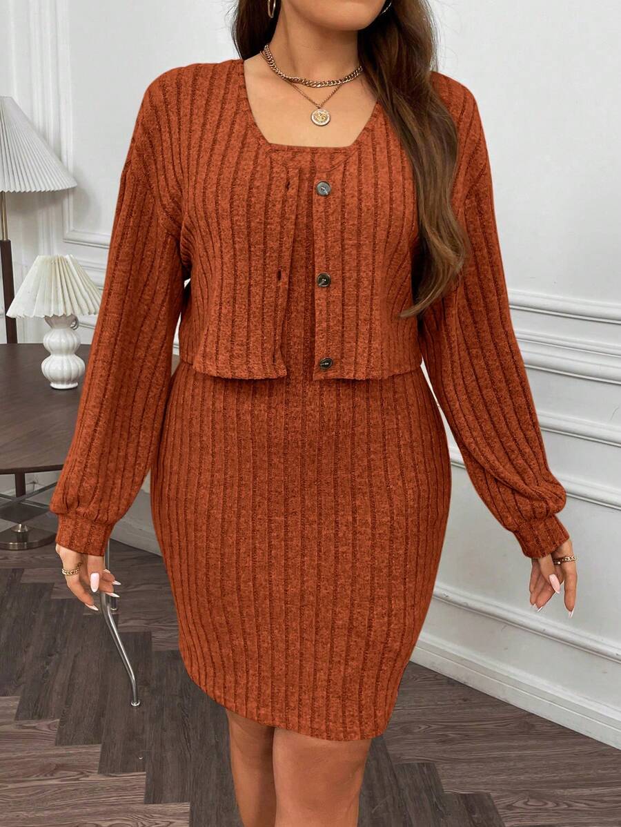 Flirla 2 件大码休闲纯色无袖连衣裙和长袖上衣套装，春季和秋季 - 橘色 - 查看 1