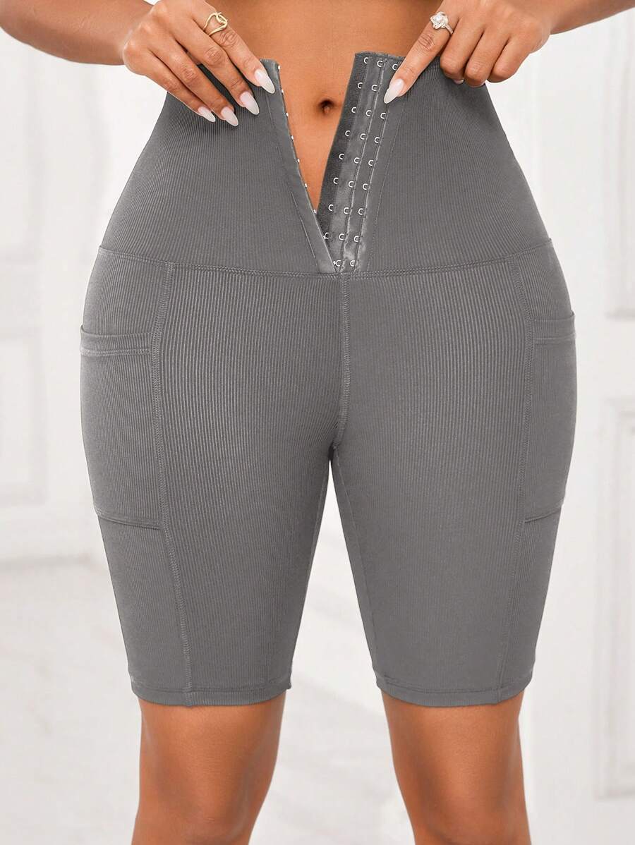 SHEIN Lady 女式黑色休闲紧身纽扣打底裤 - 深灰色 - 查看 1