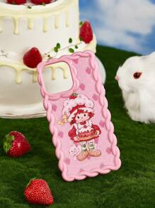 Strawberry Shortcake X SHEIN Cute Cartoon Character & Strawberry Print Ruffled Edge Pink Phone Case,Compatible With IPhone,Gift Ideas, Summer / Spring - Pink - View 5