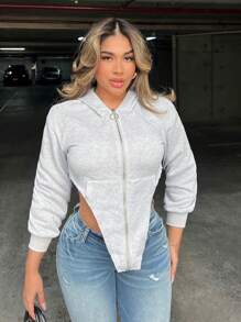 Zolique Áo hoodie nữ mùa đông, thiết kế gợi cảm với khóa kéo kim loại, phần trước ngắn, phần sau dài, thích hợp mặc đi chơi, áo nỉ mùa thu. - Xám - Xem 5