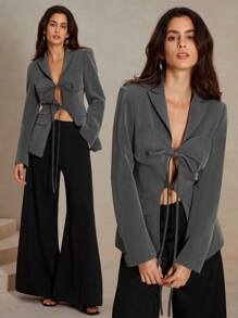 Anewsta Gray Tie Front Hollow Design Blazer - Grey - View 1