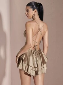SHEIN BAE Cowl Neck Lace Up Backless Layered Satin Skort Romper - Champagne - View 2