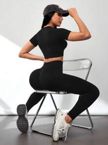 SHEIN Sports Solid Crop Tee & Leggings Workout Women Set Women Leggings Set - Black - View 1