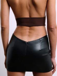 SHEIN Unity TypaGal 女士 PU 皮革修身交叉腰带黑色迷你裙 - 黑色 - 查看 2