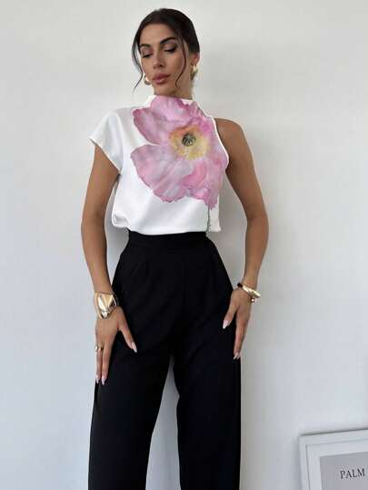 Firerie Camisa elegante de resort con posicionamiento de estampado de un solo hombro para mujer, blusas de mujer elegantes con aplicaciones, ajuste regular de manga campana sin mangas con cuello alto, uso casual diario en primavera/verano