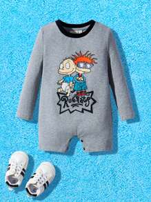 Nick 90s | SHEIN Baby Boy Cartoon Figure And Letter Print Long Sleeve Romper , Grey - Grey - View 1