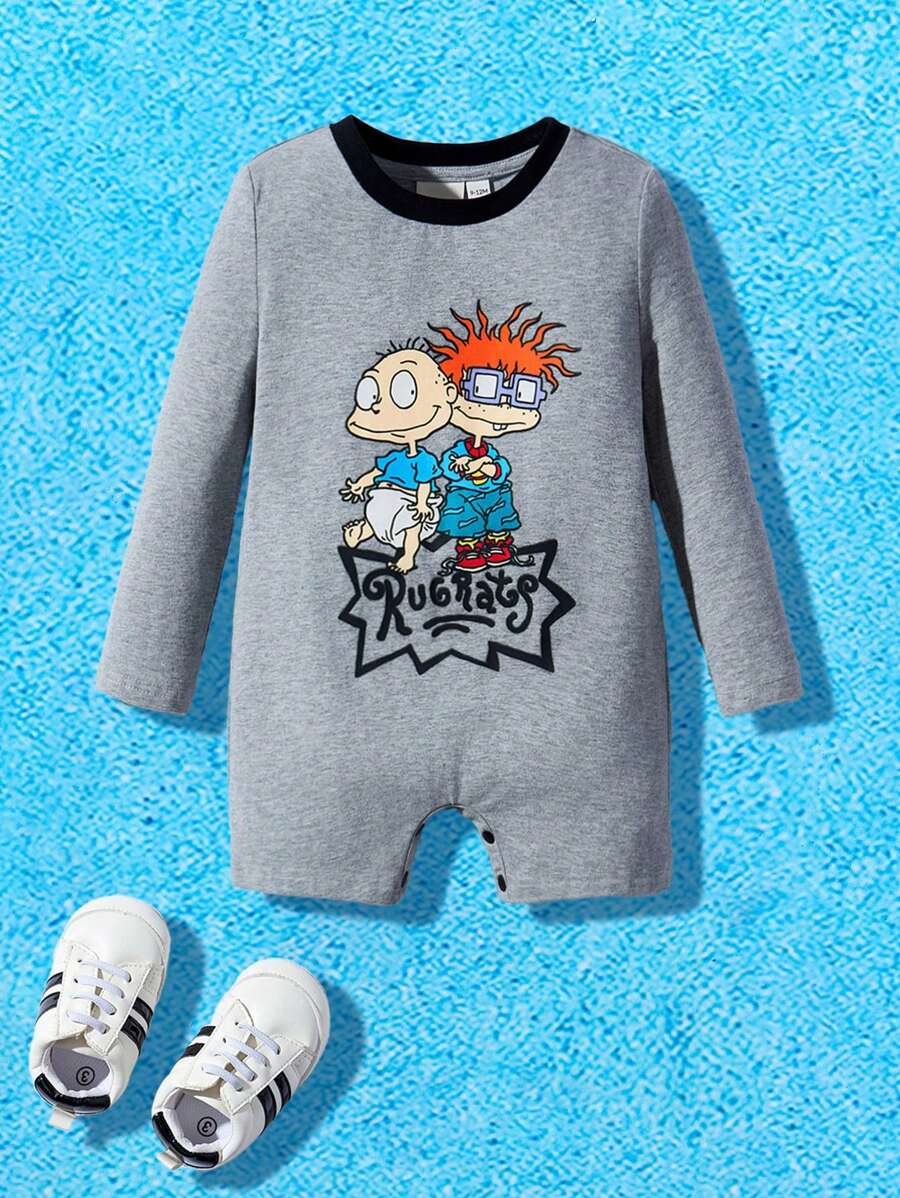Nick 90s | SHEIN Baby Boy Cartoon Figure And Letter Print Long Sleeve Romper , Grey - Grey - View 1