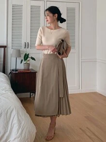 DAZY 女式合身优雅纯色针织上衣 - 杏色 - 查看 7