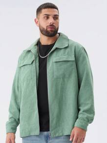 Manfinity NXTstreet Plus Size Men's Casual Printed Bear Pattern Loose Fit Drop Shoulder Turndown Collar Long Sleeve Jacket, Suitable For Spring-Autumn