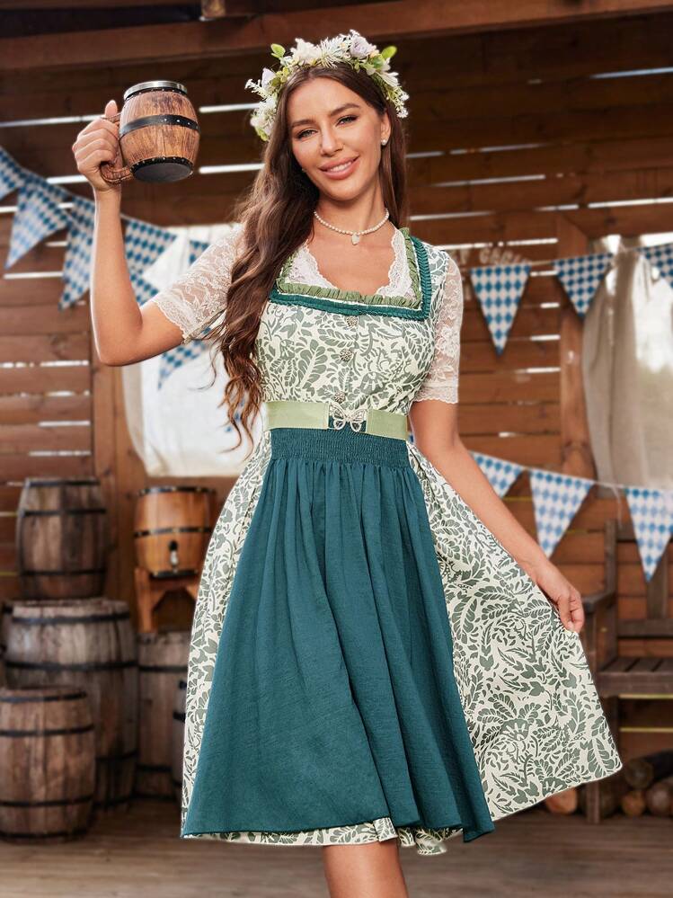 Chiquease Vestido con cremallera delantera de cintura estampado con bloqueo de color y floral para el 24º Oktoberfest de Alemania - Verde - Añade 2