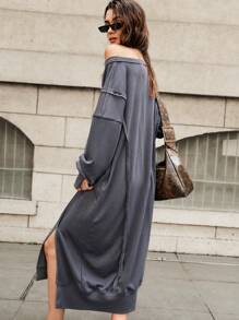 Bohemela Vestido holgado de sudadera con gráficos para vacaciones con aberturas laterales para mujer, gris