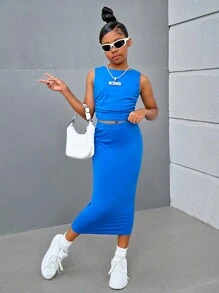 SHEIN Tween Girl Ruched Tank Top & Skirt - Blue - View 1