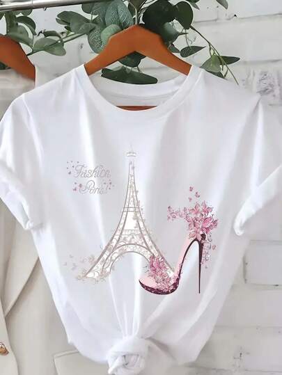 INAWLY Women Floral Print Simple Daily Round Neck Short Sleeve T-Shirt Graphic Tees Women Tops