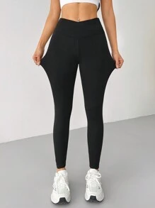 SHEIN PETITE Solid Color Black High Waisted Fleece Leggings - Black - View 6