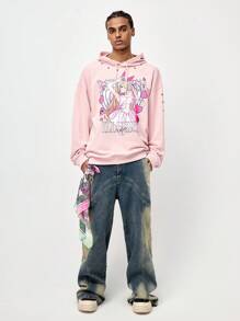 ROMWE MEN ROMWE Avant Men's Subculture Anime Printed Grommet Eyelet Decor Loose Hoodie, School - Pink - View 2