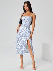 SHEIN PETITE Blue And White Porcelain Flower Print Halter Dress With Front Slit To Thigh - Blue - View 6