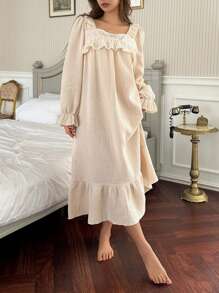 DAZY Váy thường ngày mùa hè vải kết cấu bèo nhún - Màu be - Xem 3