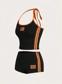 SHEIN ICON Bộ Trang Phục Mùa Hè Y2k Nữ Thể Thao Khối Màu Bikercore Thêu Chữ Áo Không Tay Và Quần Short Cạp Thấp - màu đen - Xem 2