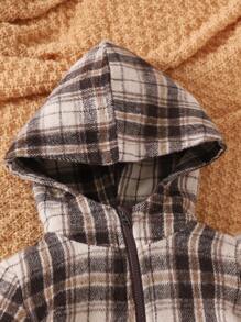 婴幼儿休闲棕色格子羊毛复合抓绒连帽拉链夹克外套，适合秋冬季宝宝，温暖又时尚 - 棕色 - 查看 4