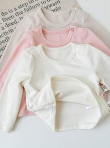 SHEIN 3pcs/Set Newborn Baby Girl Cute All-Match Casual Versatile Soft Knit Stretchy Solid Color White Pink Apricot Long Sleeve Top Outfit, Autumn - Multicolor - View 4
