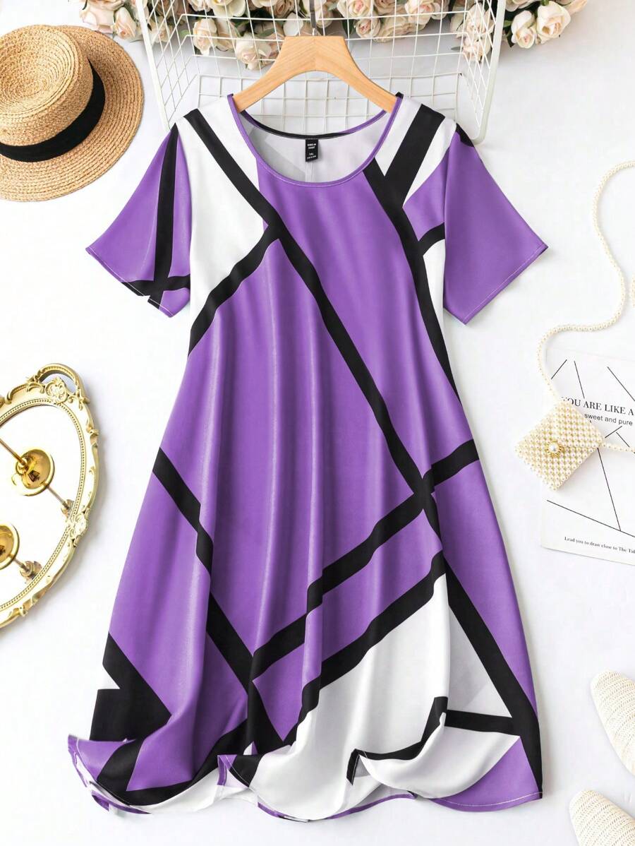SHEIN LUNE 大码圆领拼色条纹短袖宽松舒适优雅连衣裙 - 紫色 - 查看 1