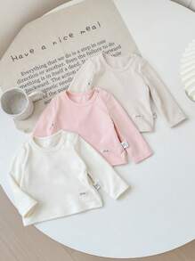 SHEIN 3pcs/Set Newborn Baby Girl Cute All-Match Casual Versatile Soft Knit Stretchy Solid Color White Pink Apricot Long Sleeve Top Outfit, Autumn - Multicolor - View 1