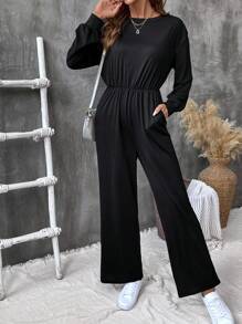 SHEIN LUNE Mono informal de manga larga de color liso para primavera y otoño - Negro - Ver 5