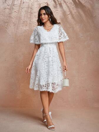 H&A 设计师白色 V 领分层荷叶边下摆花边蕾丝优雅连衣裙，适合节日、派对、新年前夜、情人节、生日服装、春季、节日