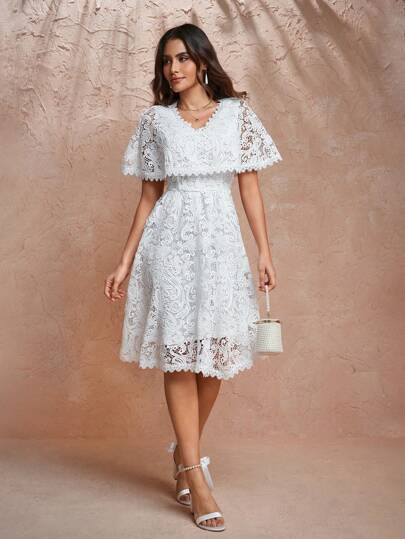 H&A 设计师白色 V 领分层荷叶边下摆花边蕾丝优雅连衣裙，适合节日、派对、新年前夜、情人节、生日服装、春季、节日