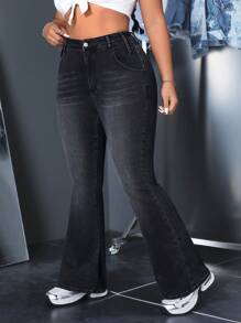 SHEIN ICON Plus Size Women's Stretchy Slim Fit Washed Flared Jeans - Black - View 6