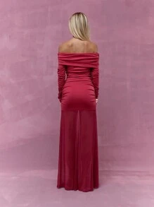 MISSGUIDED Váy Maxi Bardot hở vai dáng dài boho voan xếp nếp dài tay nhún bèo kiểu Giáng sinh - Đỏ - Xem 2