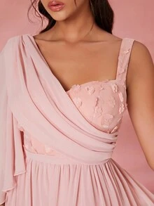 V-Neck Embroidered Lace Asymmetric Shoulder Pearl Chiffon Draped Front Slit High-End Evening Gown, Semi Formal Prom Dress, For Birthday, Wedding Guest, Graduation Homecoming - Pink - View 6