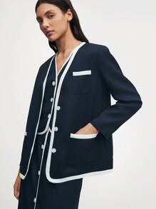BizChic Navy Blue Collarless Loose Trim Work Jacket - Navy Blue - View 1