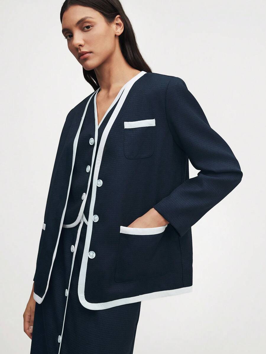 BizChic Navy Blue Collarless Loose Trim Work Jacket - Navy Blue - View 1
