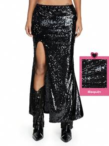 ROMWE Avant Sequin High Split Fashionable Women's Maxi Skirt, Rave Festival
