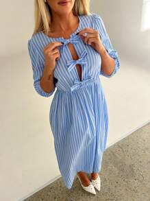 Aloruh Vestido casual y elegante de línea A con cinturón a rayas para el día a día y actividades al aire libre - Azul - Ver 7