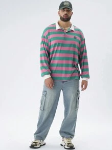 Manfinity VCAY 男士大码休闲针织条纹长袖 Polo 衫，适合春秋季节