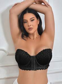 1pc Front Closure Lace Plus Size Underwire Bra, Lingerie - Black - View 6